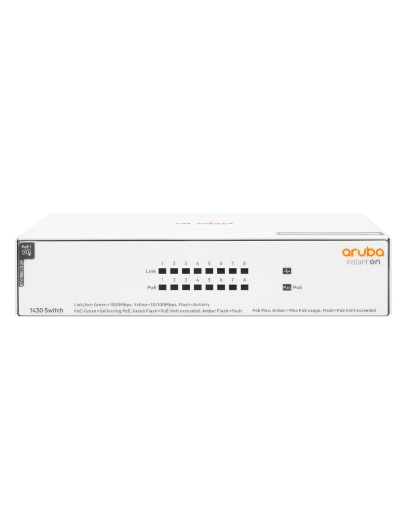 ARUBA - hewlett packard enterprise instant on 1430 8g class4 64w não-gerido l2 gigabit ethernet (10/100/1000) power over ethernet (poe) branco - r8r46a#abb