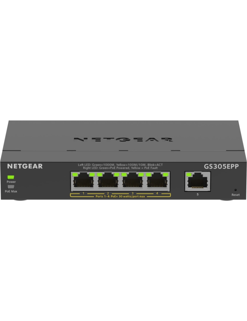 Netgear - 5-port gigabit ethernet high-power poe+ plus (gs305epp) gerido l2/l3 gigabit ethernet (10/100/1000) power over ethernet (poe) preto - gs305epp-100pes