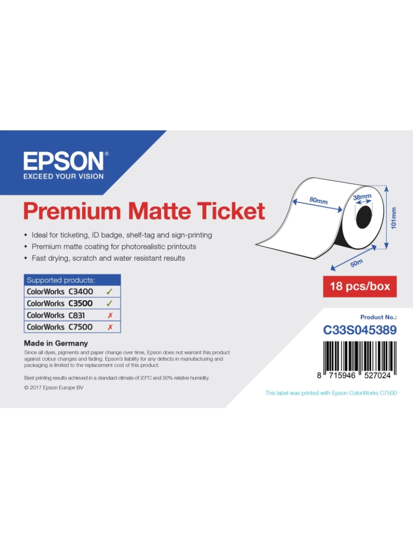 Epson - Papel de Impressão Epson > Premium, 80MM X 50M, 107 G/m² - C33S045389