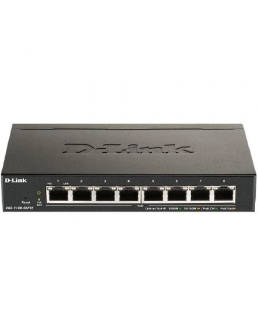 D-Link - 8-port poe gigabit smart managed (64w) 8-port 1000basetx auto-negotiating 10/100/1000mbps capacity 16gbps. max forwarding rate 11.9 mpps and 2mbits packet buffer mac address table size8k entries fanless design power over - dgs-1100-08pv2/e