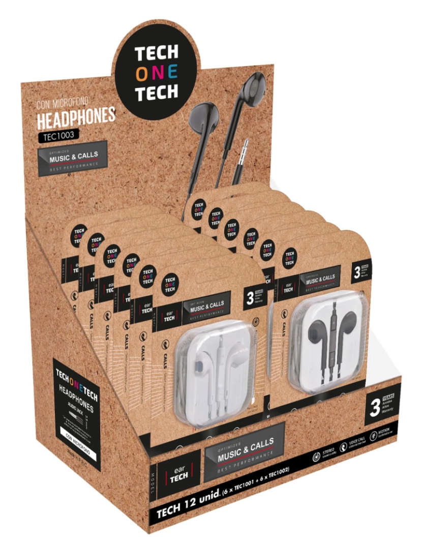 Techonetech - Auriculares Techonetech EAR Tech Expositor de 12 ES Intraurales - Microfono Integrado - Mini Jack 3.5MM - Asistente VOZ - Cable de 1.20M - TEC1003