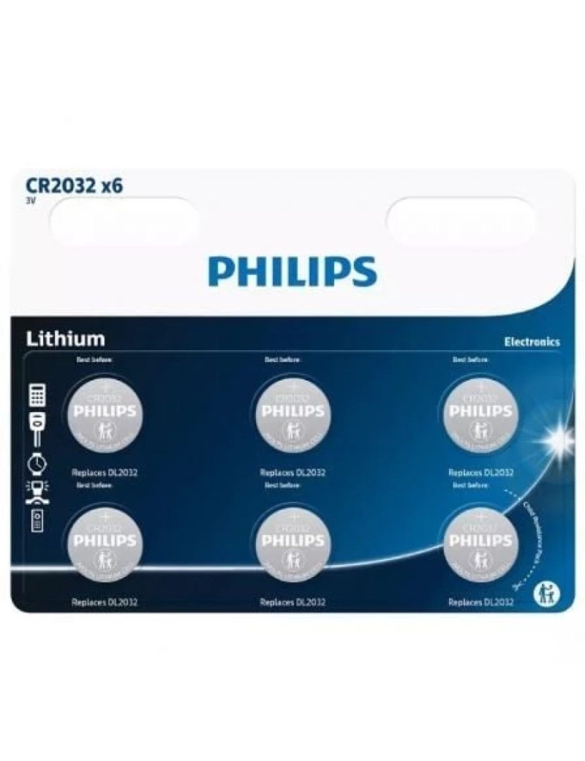 Philips - Pilhas Philips Pack de 6 Pilha de Botão CR2032/ 3V - CR2032P6/01B