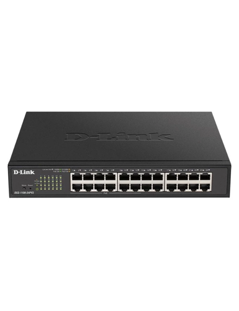 D-Link - 24-port poe gigabit smart managed (12p poe 100w) 12-port 1000basetx auto-negotiating 10/100/1000mbps + 12 port poe capacity 48gbps. max forwarding rate 35.7 mpps 512kbytes packet buffer mac address table size64 entries - dgs-1100-24pv2/e