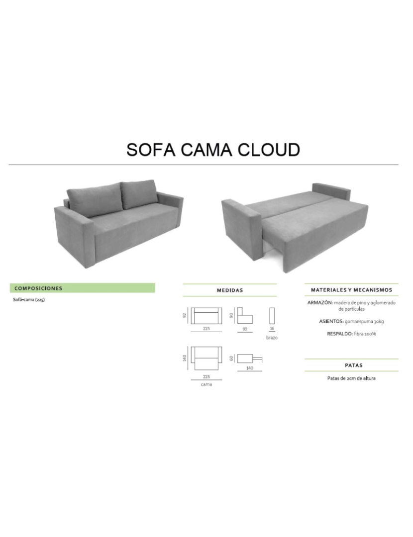 imagem de Skraut Home - Sofá-cama CLOUD, cinza claro, conversível em cama, baú. Máximo Relaxamento e Conforto - com Sistema Pull-out 225x92x92cm6