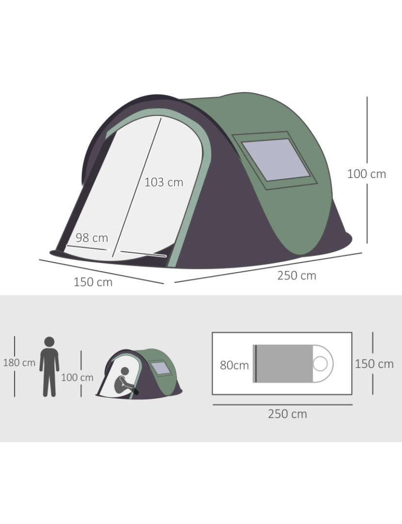 imagem de Tenda de Campismo Pop-Up 2P 250x150x100cm cor verde e preto A20-1263