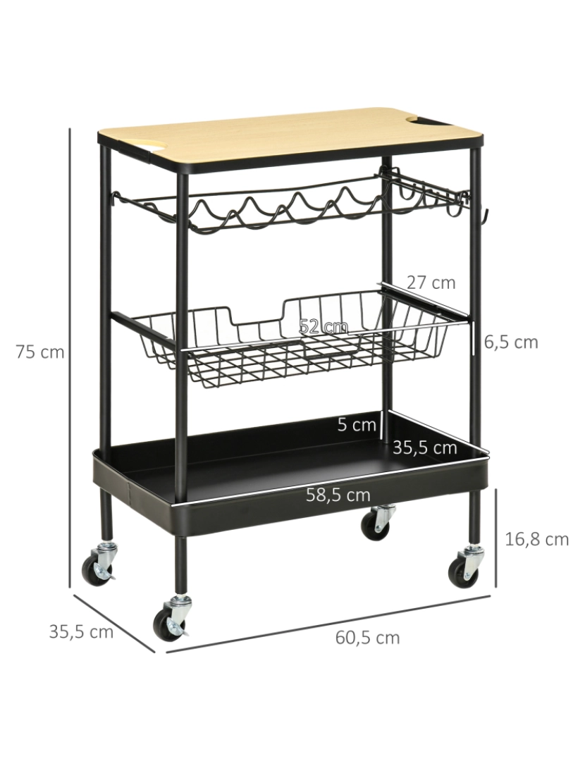 imagem de Carrinho de Cozinha 60.5x35.5x75cm cor preto e carvalho 801-2623