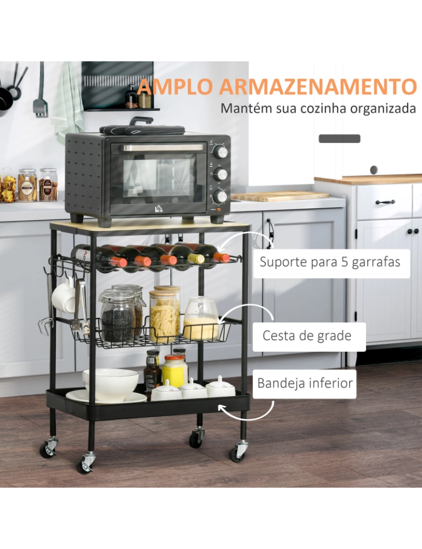 imagem de Carrinho de Cozinha 60.5x35.5x75cm cor preto e carvalho 801-2624