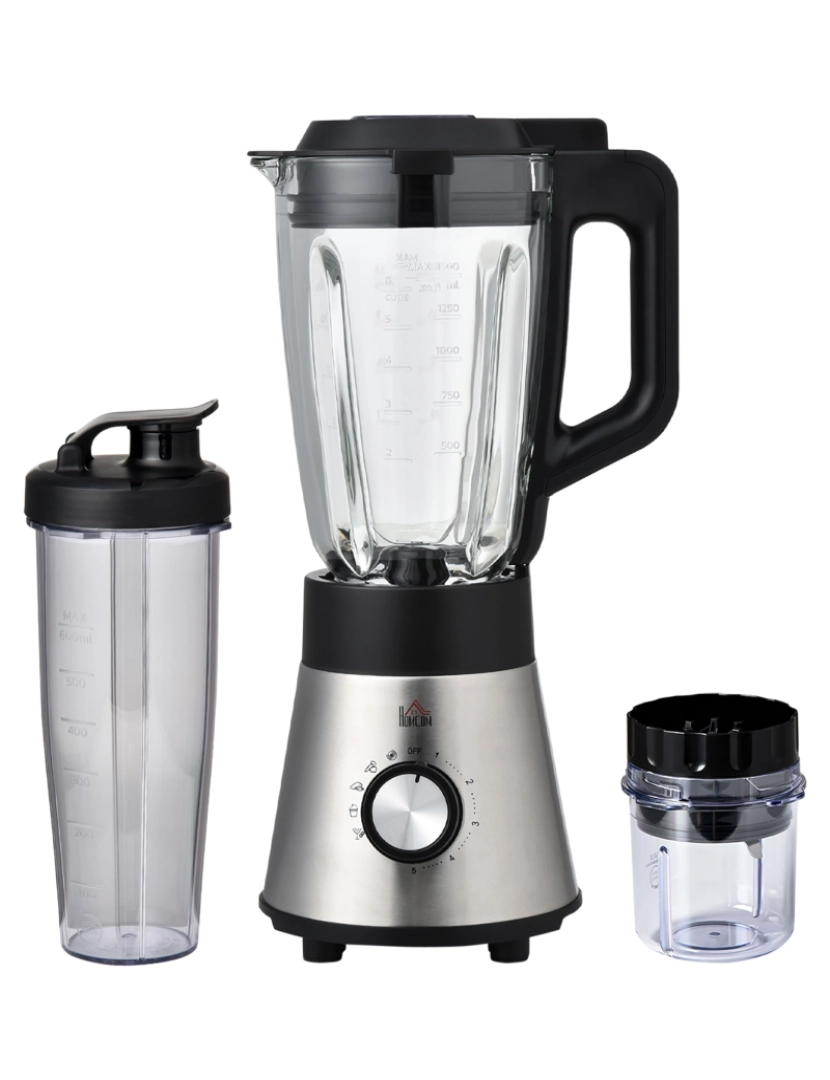Homcom - HOMCOM Liquidificadora de 1000W Jarro de Cristal de 1,5L com 4 Programas 5 Velocidades Ajustáveis Lâmina de 6 Folhas Aço Inoxidável e Garrafa Portátil 22,4x19x43cm Preto