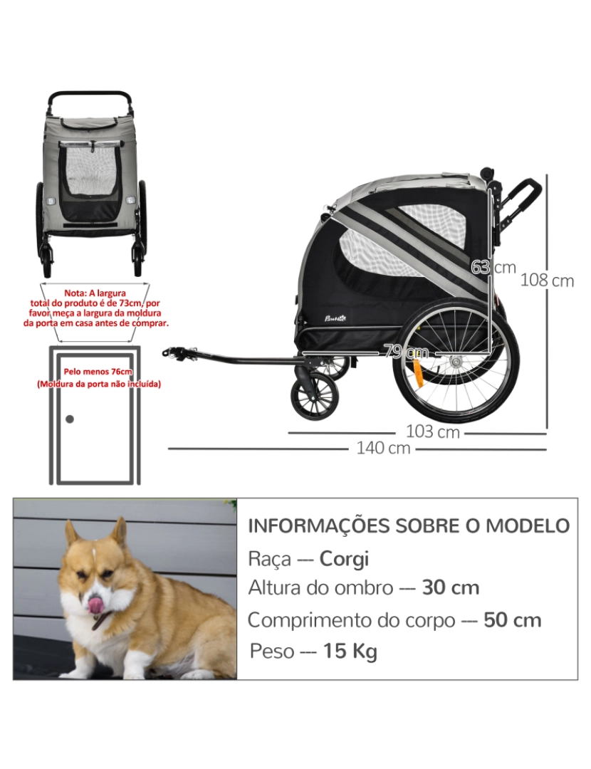 imagem de Reboque de Bicicleta para Cães 134x73x108cm cor cinzento D00-144GY3