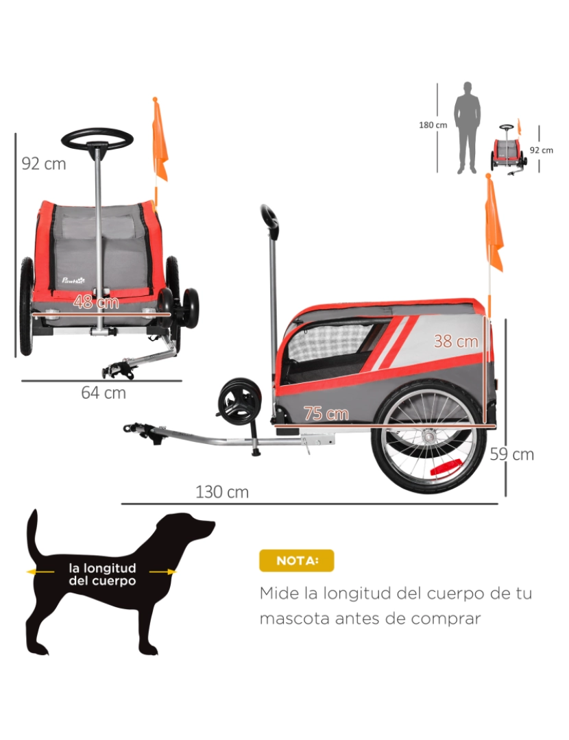 imagem de Reboque de Bicicleta para Cães 130x64x92cm cor vermelho D00-141RD3