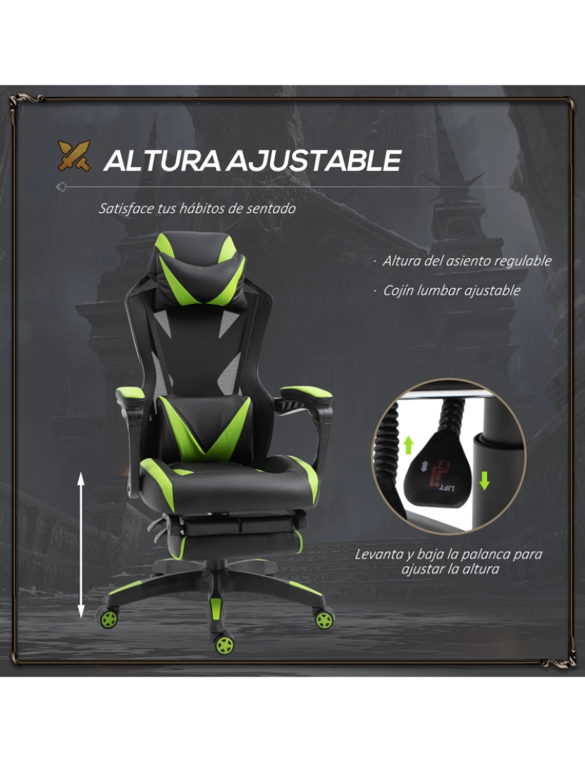 imagem de Cadeira de gaming 65x70x117-125cm cor verde e preto 921-280GN4