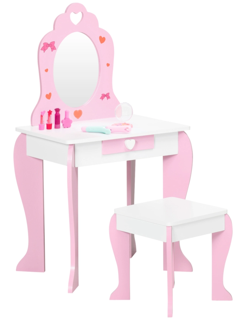 Conjunto Toucador e Banco infantil Mesa de Maquilhagem para Princesas com  Espelho Rotativo 360° Removível 3 Gavetas Branco e Rosa