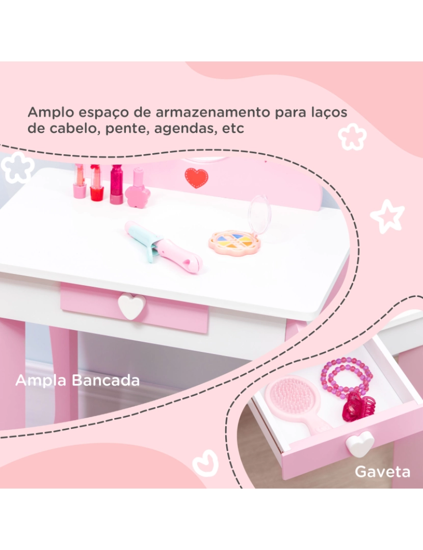 Conjunto Toucador e Banco infantil Mesa de Maquilhagem para Princesas com  Espelho Rotativo 360° Removível 3 Gavetas Branco e Rosa