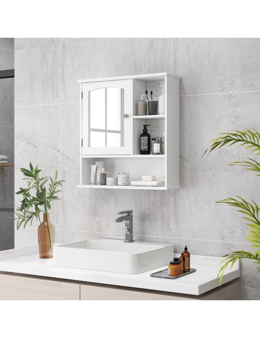 imagem de kleankin Gabinete de banheiro com grande espelho de armazenamento com prateleira ajustável interna e prateleiras abertas 60x18x63 cm Branco2