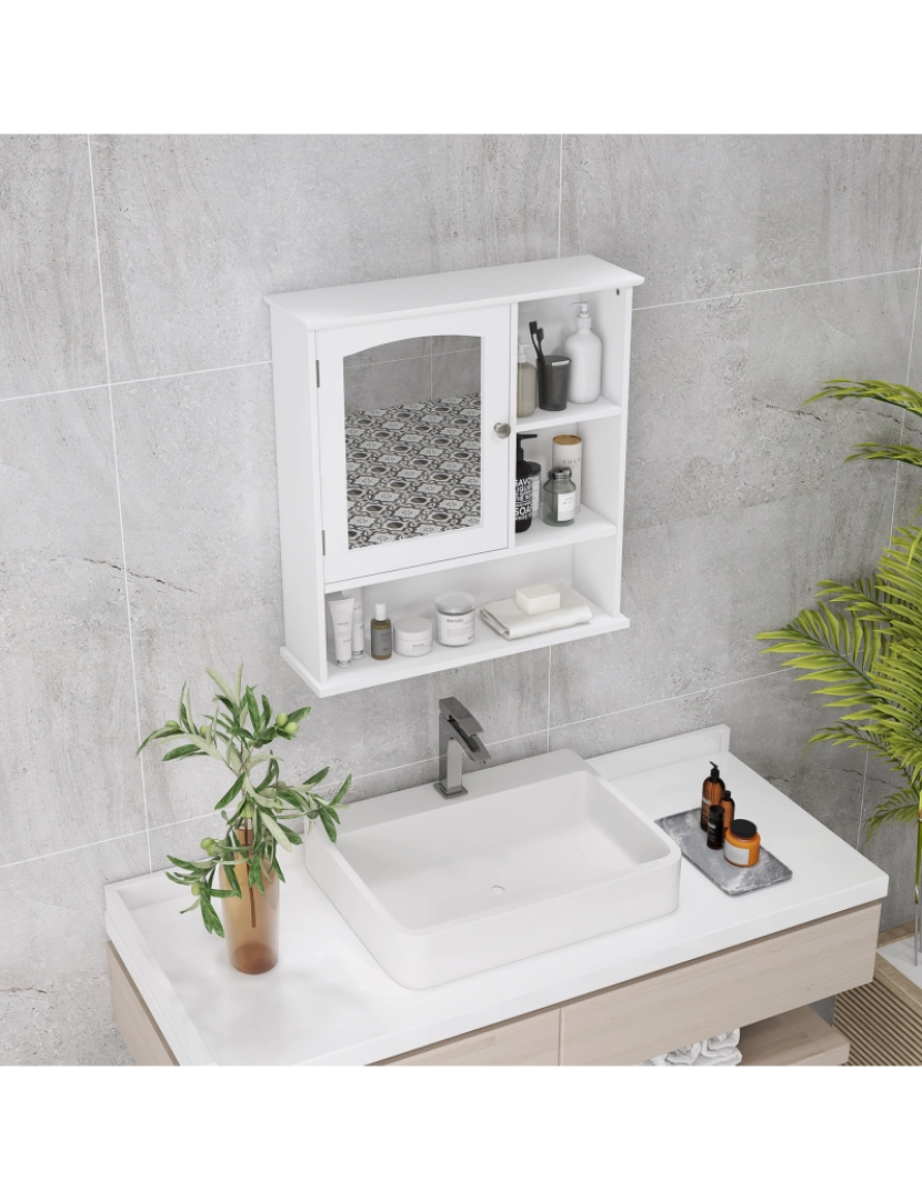 imagem de kleankin Gabinete de banheiro com grande espelho de armazenamento com prateleira ajustável interna e prateleiras abertas 60x18x63 cm Branco8