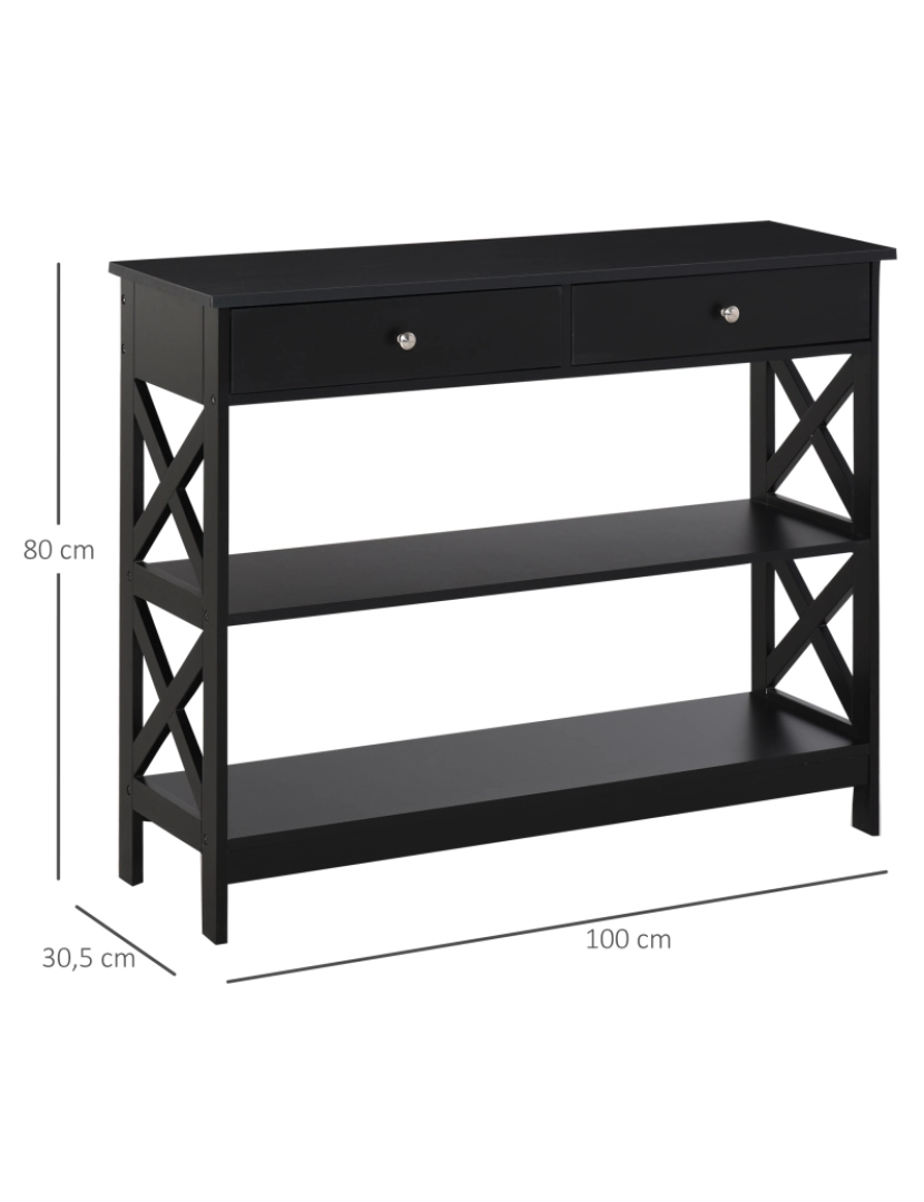 imagem de HOMCOM Consola de Entrada Mesa Hall com 2 Gavetas e 2 Prateleiras Inferiores Mobiliário Moderno Base Elevada Anti-Inclinação 100x30.5x80 cm Preto3