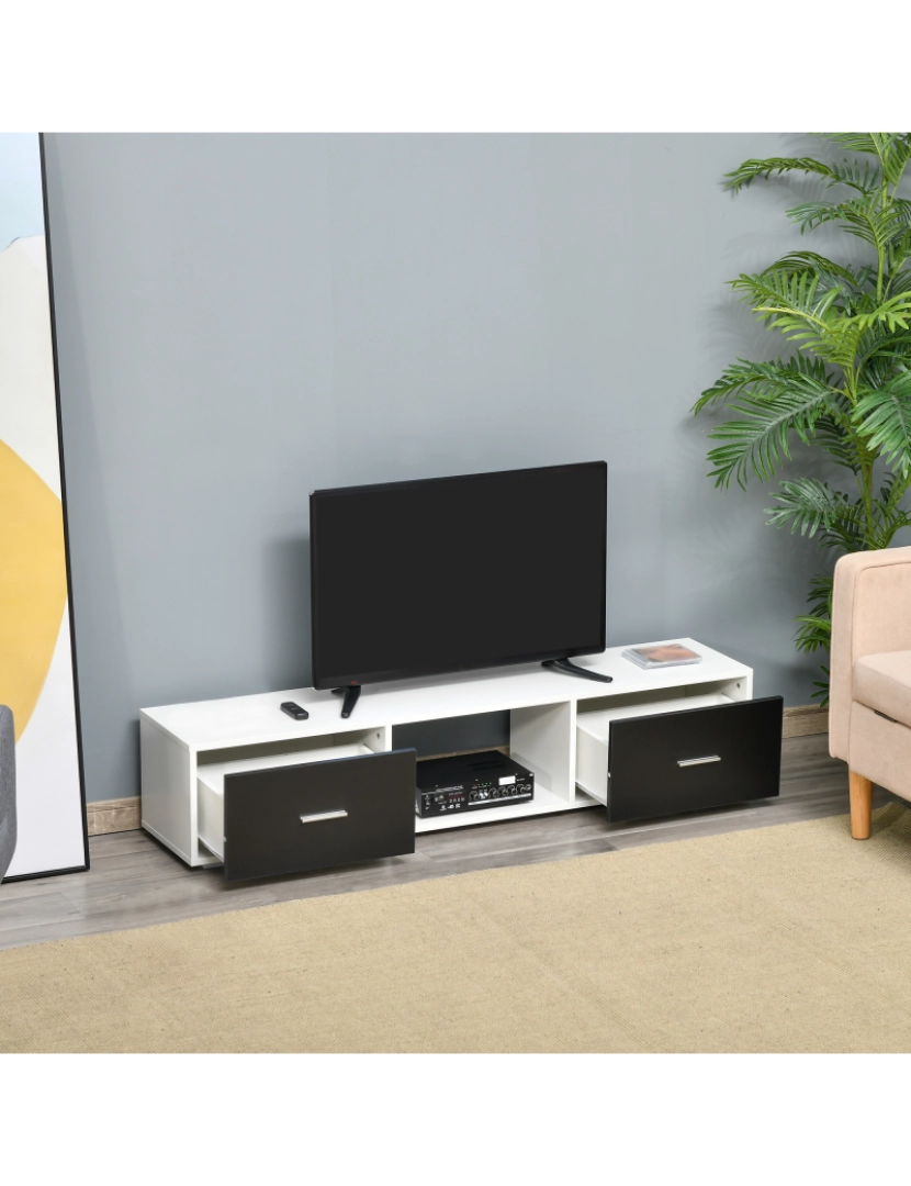 imagem de HOMCOM Móvel de TV para Televisores de até 60” Móvel de Sala de Estar Moderno com 2 Gavetas e Compartimento Aberto 140x30x32cm Branco e Preto2