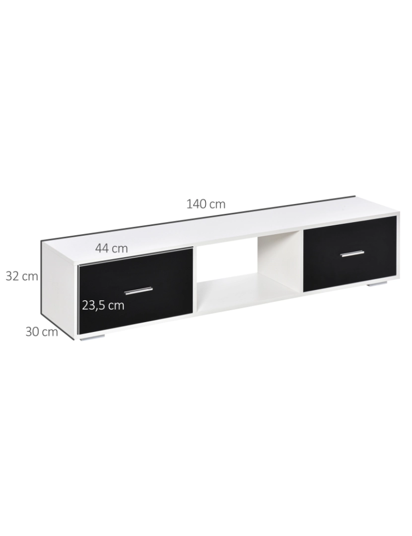 imagem de HOMCOM Móvel de TV para Televisores de até 60” Móvel de Sala de Estar Moderno com 2 Gavetas e Compartimento Aberto 140x30x32cm Branco e Preto3