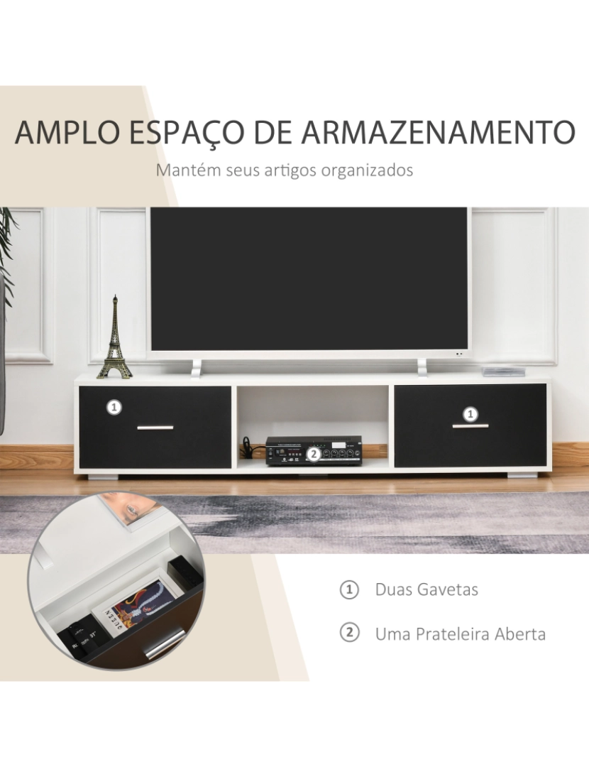 imagem de HOMCOM Móvel de TV para Televisores de até 60” Móvel de Sala de Estar Moderno com 2 Gavetas e Compartimento Aberto 140x30x32cm Branco e Preto4