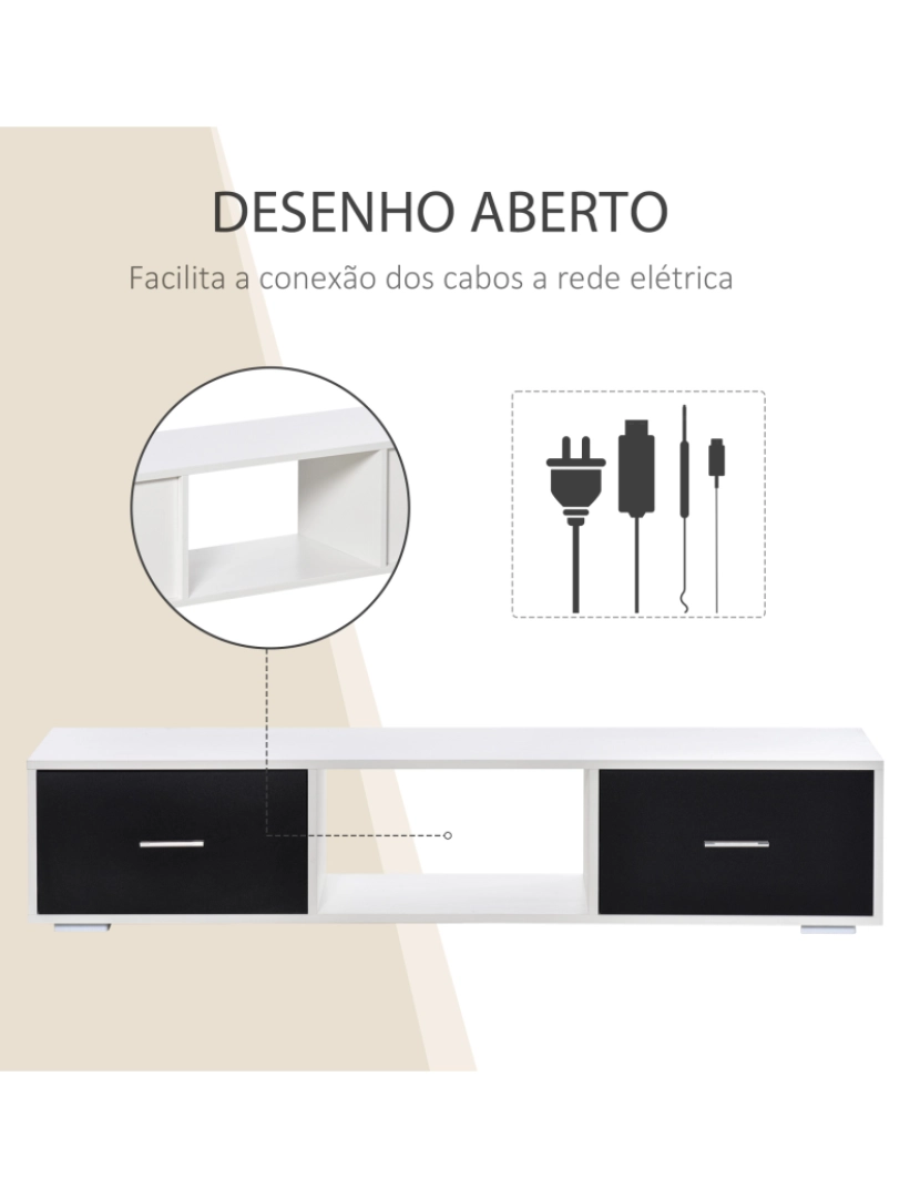 imagem de HOMCOM Móvel de TV para Televisores de até 60” Móvel de Sala de Estar Moderno com 2 Gavetas e Compartimento Aberto 140x30x32cm Branco e Preto5