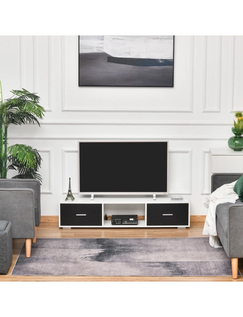 imagem de HOMCOM Móvel de TV para Televisores de até 60” Móvel de Sala de Estar Moderno com 2 Gavetas e Compartimento Aberto 140x30x32cm Branco e Preto7