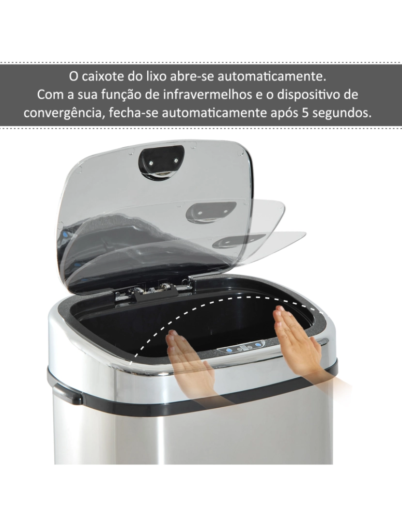 imagem de HOMCOM Balde de Lixo Inteligente de Aço Inoxidável 68L com Sensor Infravermelho de Abertura Automática e Contato Manual para Cozinha Dormitório Casa de banho 40,5x29,578cm Prata6