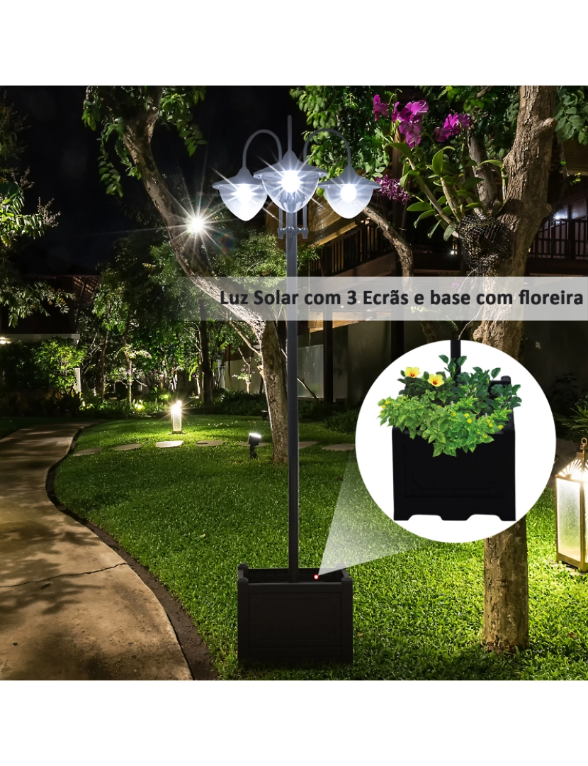 imagem grande de Outsunny Candeeiro Solar de Jardim com 18 Luzes LED Branco Frio 6000K Impermeável IP44 Sensor de Noite e Base em Forma de Floreira Candeeiro de Exterior para Terraço Pátio 60x55x189cm Preto7
