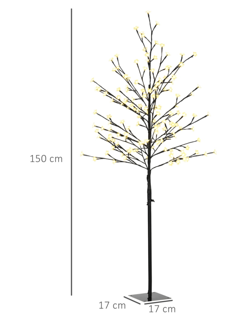 imagem de HOMCOM Árvore Cerejeira com 150 Luzes LED IP44 Branco Quente Árvore Decorativa com Ramos Flexíveis para Sala de Estar Festas Interior 17x17x150cm Preto3