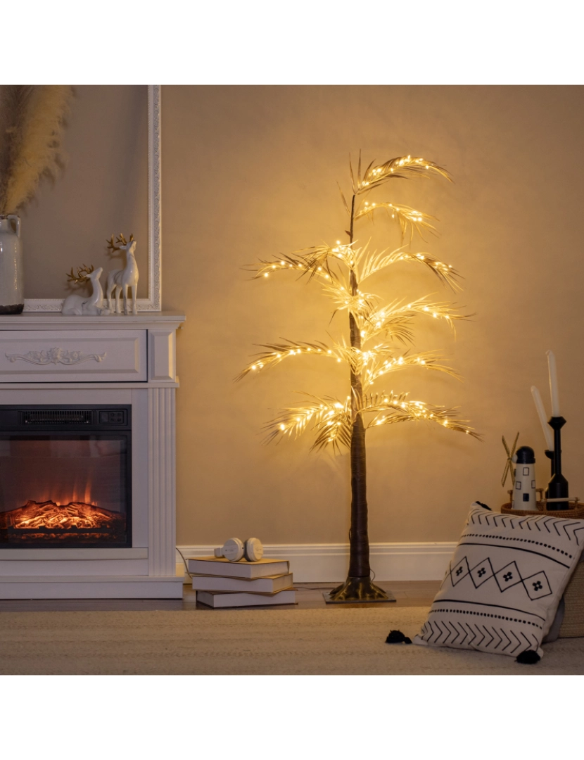 imagem de HOMCOM Árvore Palmeira com 150 Luzes LED IP44 Branco Quente Árvore Decorativa para Sala de Estar Festas Interior 21x21x150cm Dourado2