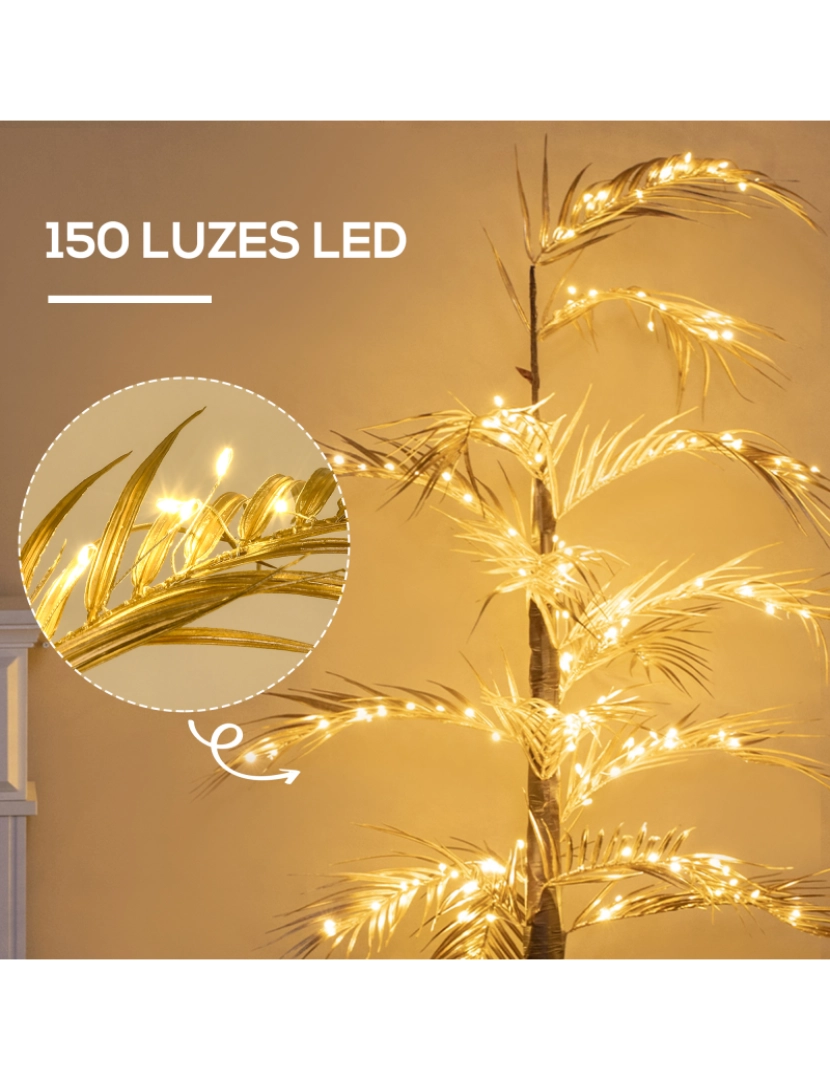 imagem de HOMCOM Árvore Palmeira com 150 Luzes LED IP44 Branco Quente Árvore Decorativa para Sala de Estar Festas Interior 21x21x150cm Dourado4