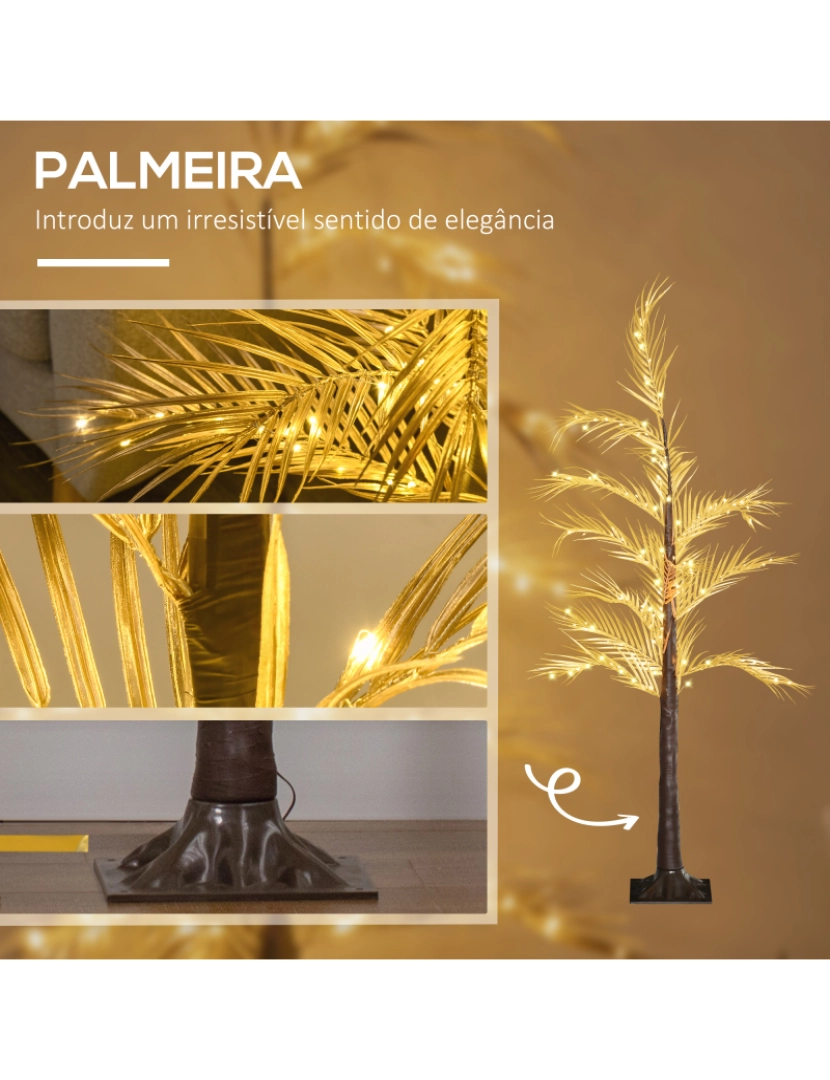 imagem de HOMCOM Árvore Palmeira com 150 Luzes LED IP44 Branco Quente Árvore Decorativa para Sala de Estar Festas Interior 21x21x150cm Dourado5