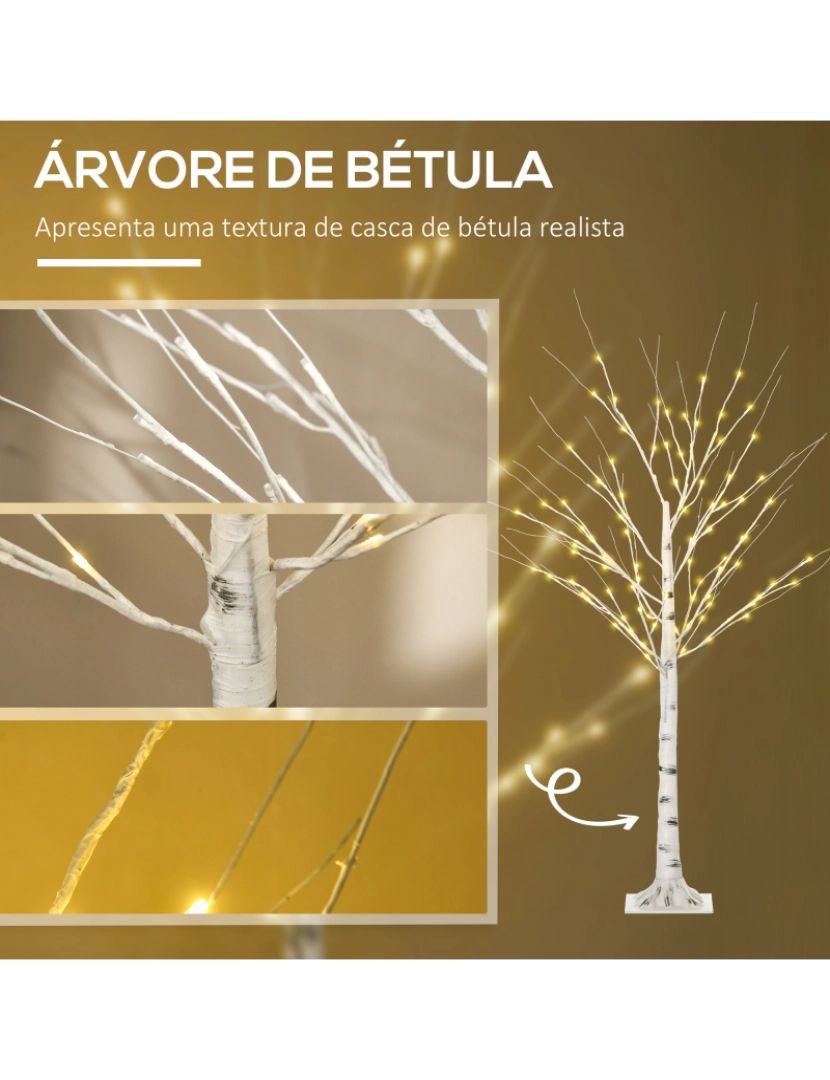 imagem grande de HOMCOM Árvore de Bétula Altura 150cm com 96 Luzes LED IP44 Branco Quente Ramos Flexíveis e Base de Candeeiro Árvore de Decoração de Natal para Interiores 22x22x150cm Branco6