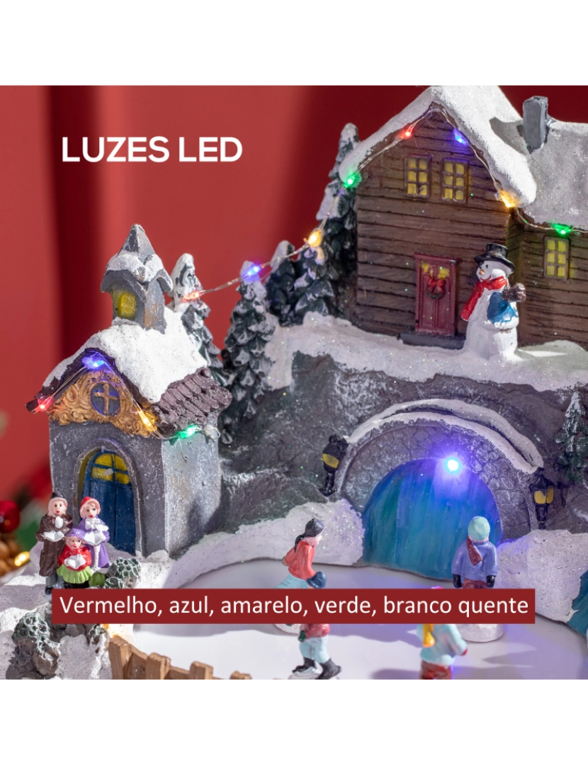 imagem de HOMCOM Aldeia de Natal Cena Decorativa de Natal Iluminada com Luzes LED Árvore Giratória e Pista de Patinagem Decoração de Natal de Mesa 32x25,5x24cm Multicor5