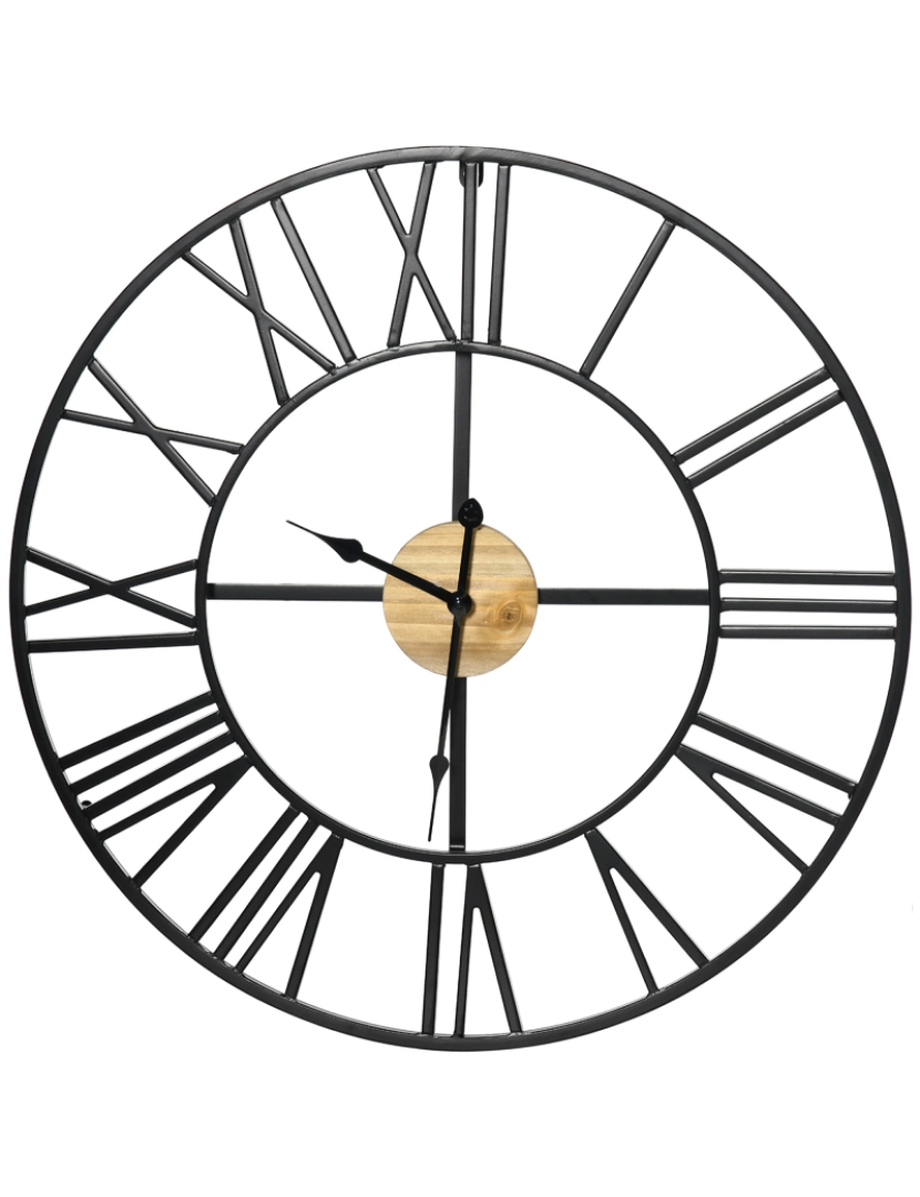 Homcom - HOMCOM Relógio de Parede Silencioso de Ø60 Relógio de Parede de Metal e Madeira com Números Romanos sem Tique-Taque Funciona com Pilhas Estilo Vintage Decoração para Sala de Estar Escritório Preto