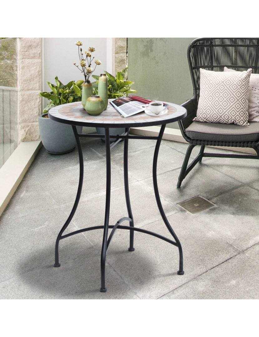 imagem de Outsunny Mesa de Jardim Mesa Mosaico Cerâmica e Redonda Mesita de Café para Varanda Terraço Φ60x71cm2