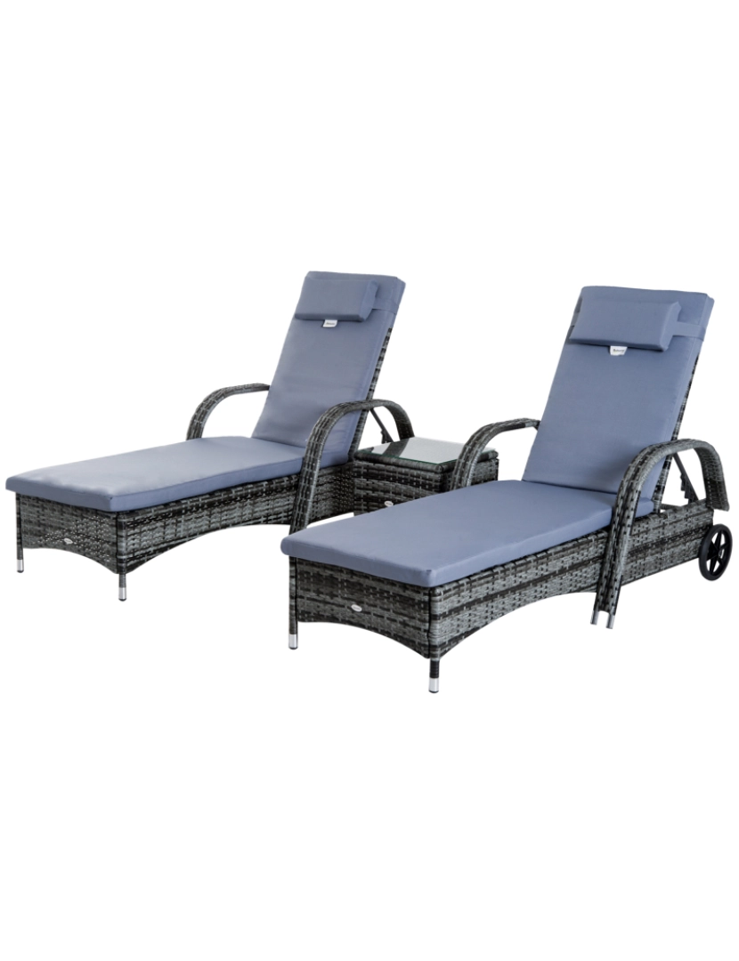 imagem de Outsunny Espreguiçadeiras x2 com Mesa de Vime Chaise Longue para Jardim Pátio Cadeira de exterior com Almofadas Acolchadas Cinza1