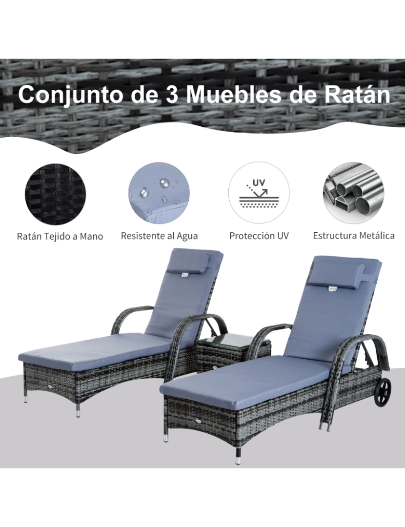 imagem de Outsunny Espreguiçadeiras x2 com Mesa de Vime Chaise Longue para Jardim Pátio Cadeira de exterior com Almofadas Acolchadas Cinza4