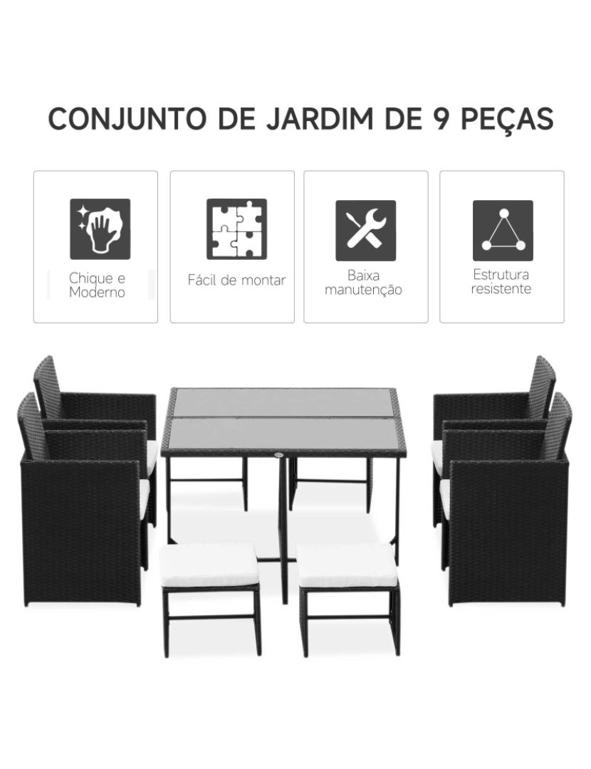 imagem de Outsunny Conjunto de Móveis de Vime PE para Jardim Conjunto de 9 peças Mesa Cadeiras e Bancos com Almofadas para Exterior Preto4
