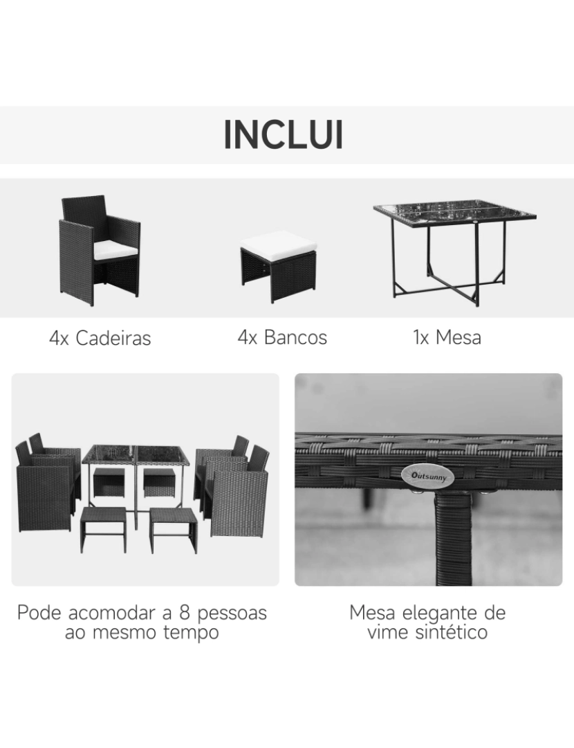 imagem de Outsunny Conjunto de Móveis de Vime PE para Jardim Conjunto de 9 peças Mesa Cadeiras e Bancos com Almofadas para Exterior Preto5