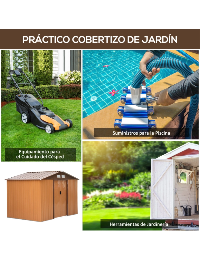 imagem de Outsunny Abrigo de Jardim Exterior 4,83m² 277x195x192cm Abrigo e Jardim Metálico para Armazenamento de Ferramentas com Base Incluída e 4 Janelas Marrom6