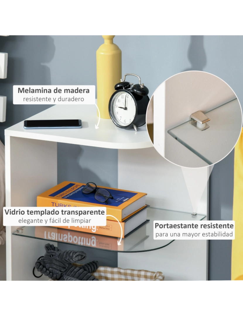 imagem de HOMCOM Mesa Auxiliar Moderna Mesa de Cabeceira com 3 Prateleiras 1 de Vidro para Sala de Estar Dormitório 40x40x56cm Branco5