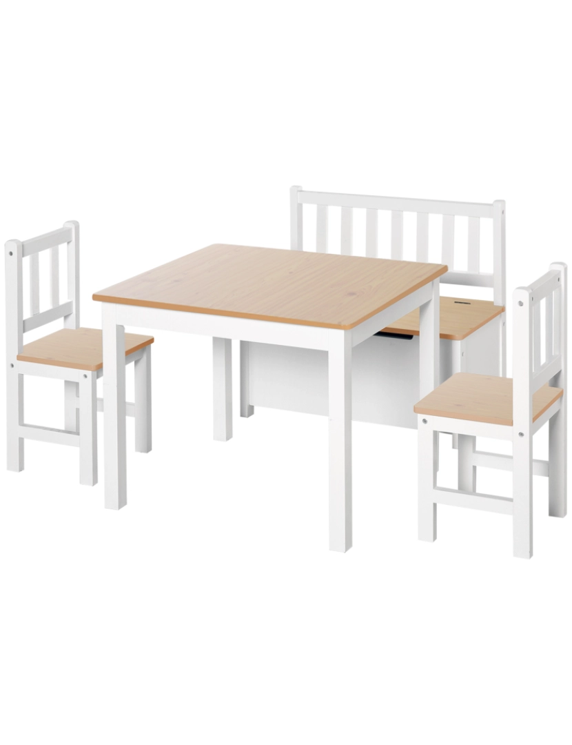 Homcom - HOMCOM Conjunto Infantil de Mesa 2 Cadeiras e Banco com Armazenamento Móveis Infantil para Sala de Jogos Dormitório Branco e Natural