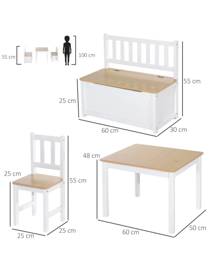 imagem de HOMCOM Conjunto Infantil de Mesa 2 Cadeiras e Banco com Armazenamento Móveis Infantil para Sala de Jogos Dormitório Branco e Natural3