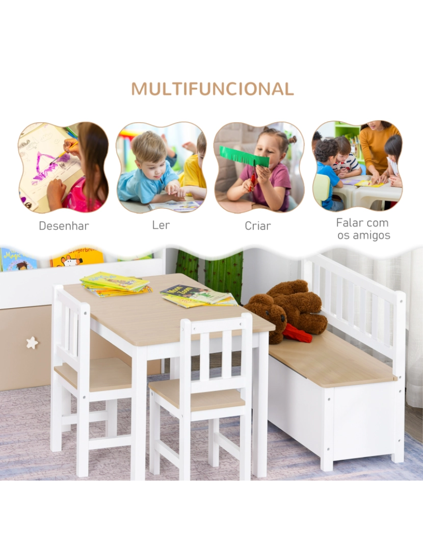 imagem de HOMCOM Conjunto Infantil de Mesa 2 Cadeiras e Banco com Armazenamento Móveis Infantil para Sala de Jogos Dormitório Branco e Natural4
