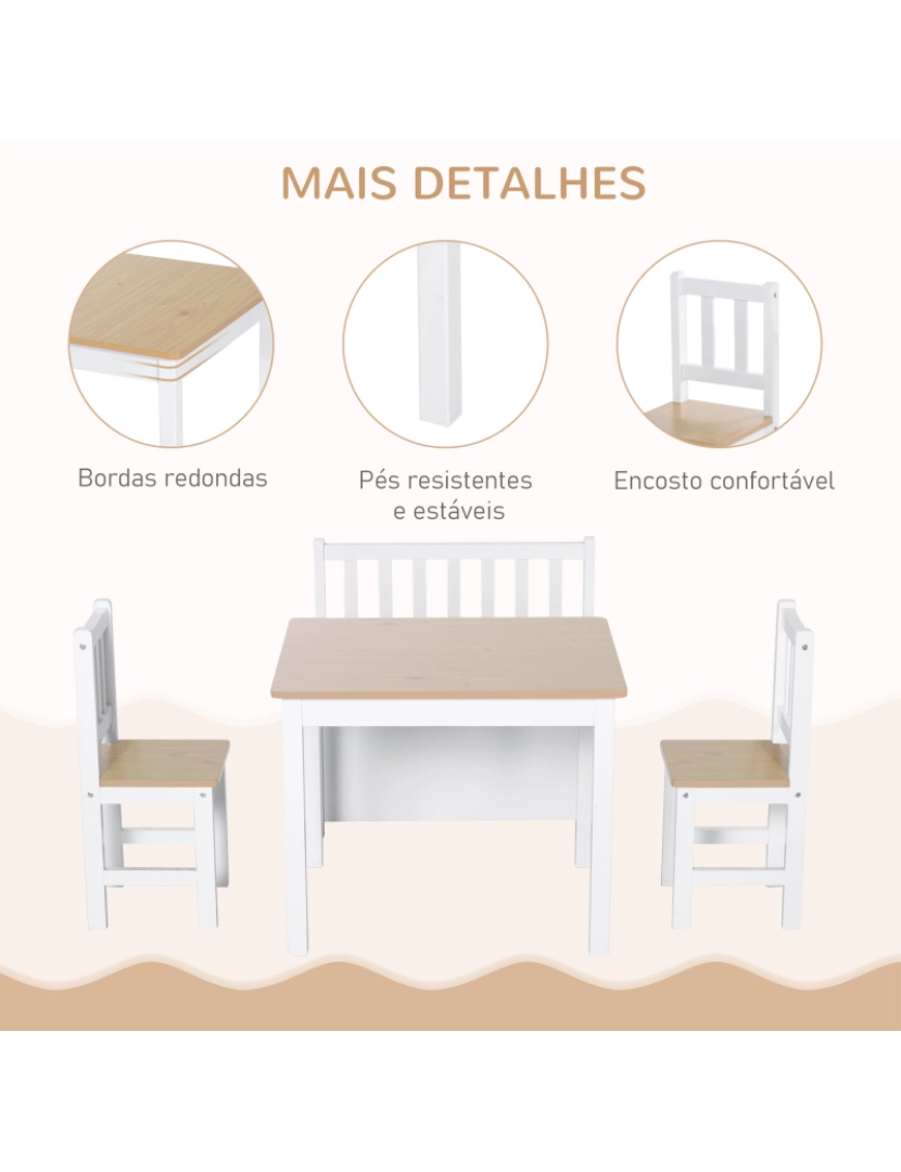 imagem de HOMCOM Conjunto Infantil de Mesa 2 Cadeiras e Banco com Armazenamento Móveis Infantil para Sala de Jogos Dormitório Branco e Natural5