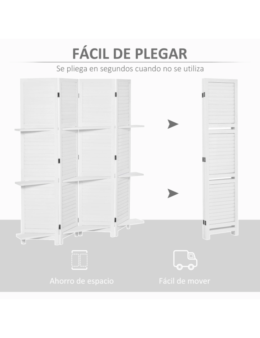imagem de HOMCOM Biombo de 4 Painéis de Madeira Separador de Ambiente Dobrável com 3 Prateleiras Removíveis Desenho Persiana para Dormitório Escritório 160x170cm Branco6