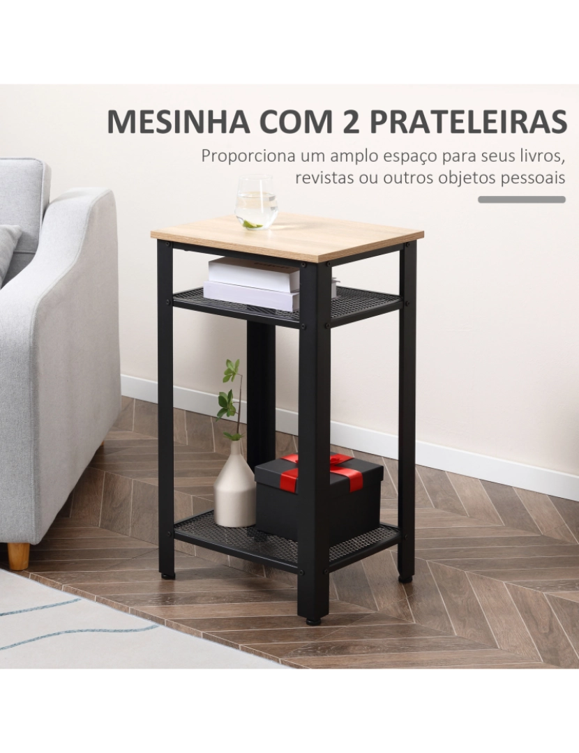 imagem de HOMCOM Mesa Auxiliar Mesa de Cabeceira Estilo Industrial com 2 Prateleiras de Grade de Metal e Pés Ajustáveis 45x35x75cm Carvalho e Branco4