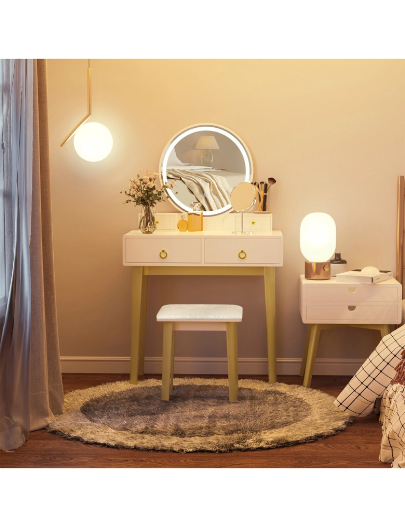 imagem de HOMCOM Toucador com Espelho com Luz LED e Banco Conjunto de Mesa de Maquilhagem com 4 Gavetas de Armazenamento para Dormitório 80x40x133cm Branco10