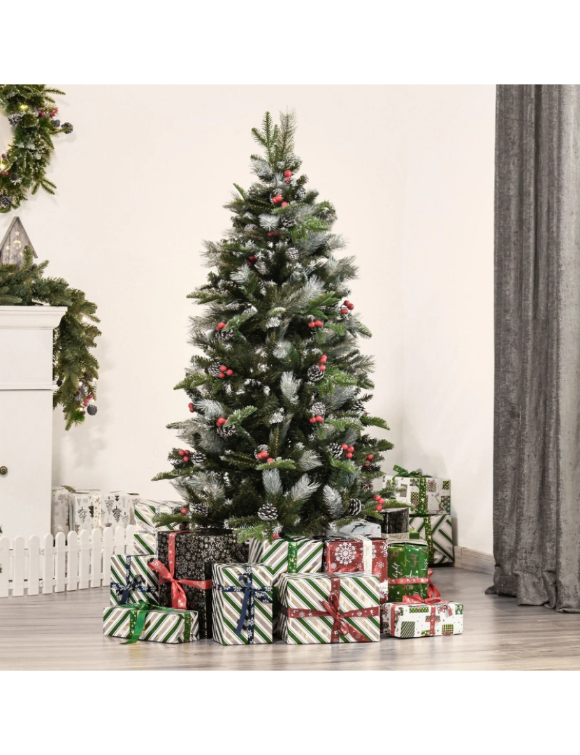 imagem de HOMCOM Árvore de Natal Artificial 150cm com 440 Ramas 39 Pinhas e 39 Frutinhas Folhas de PVC PE Base Dobrável e Suporte Metálico Decoração de Natal para Interiores Verde2