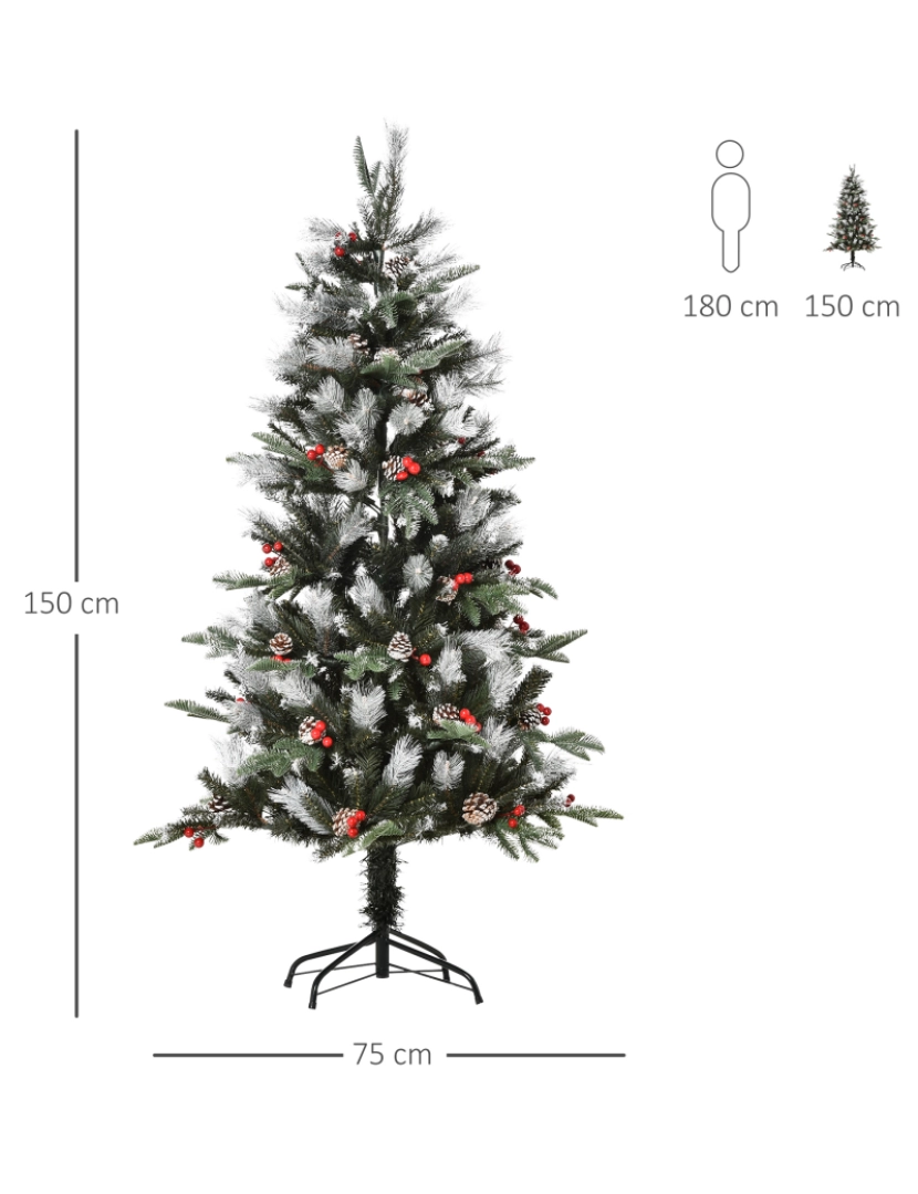 imagem grande de HOMCOM Árvore de Natal Artificial 150cm com 440 Ramas 39 Pinhas e 39 Frutinhas Folhas de PVC PE Base Dobrável e Suporte Metálico Decoração de Natal para Interiores Verde3
